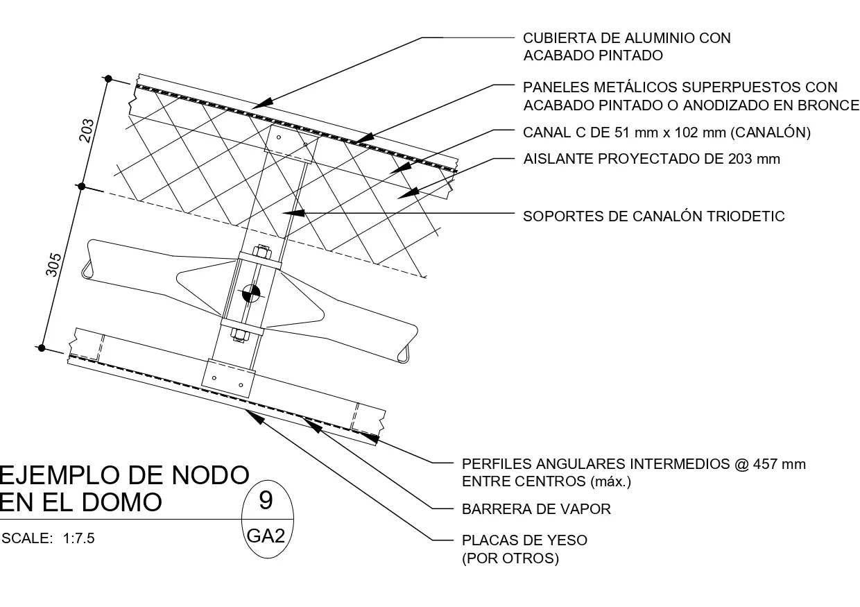 Dibujo técnico de un nodo Triodetic, mostrando detalles estructurales como cubiertas de aluminio, paneles metálicos, aislamiento, soportes de canaleta y capas de yeso.