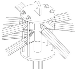 Detalle del nodo conector Triodetic que muestra varios tubos estructurales unidos en una placa central, ilustrando el sistema de conexion del armazon espacial.