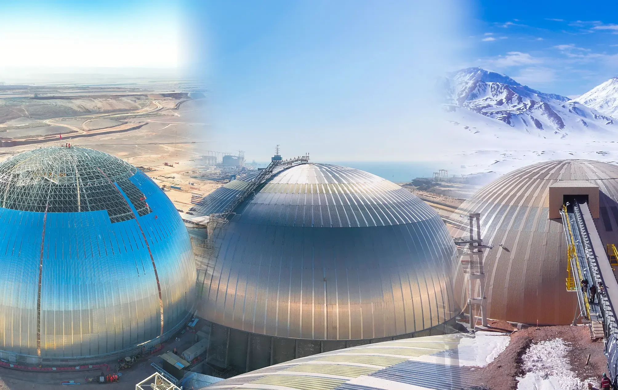 Triodetic CORE dome structures in extreme environments, including desert, mining and snowy mountain sites.