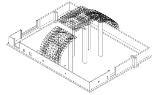 Modelo isometrico de una estructura curvada de armazon espacial Triodetic dentro de una distribucion de edificio, con dos marcos arqueados apoyados en columnas interiores.