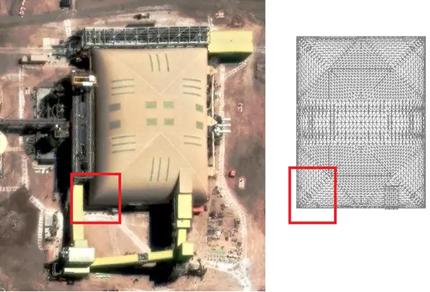 Vista superior del domo industrial Triodetic en la Mina Spence junto al diagrama estructural del armazon espacial, mostrando la geometria coincidente en la esquina marcada en rojo.